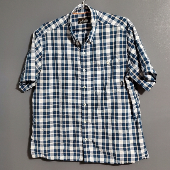 Orvis Plaid Button Down Short Sleeve Shirt Teal Blue White Linen Blend Size XL - Picture 1 of 6